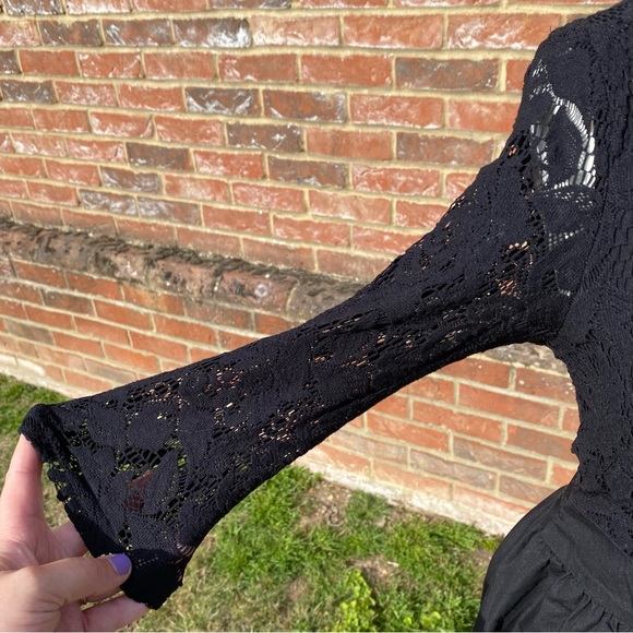 Topshop Black Lace Dress Size 12 Waist Tie Back Crop Sleeves Skater - Picture 3 of 11